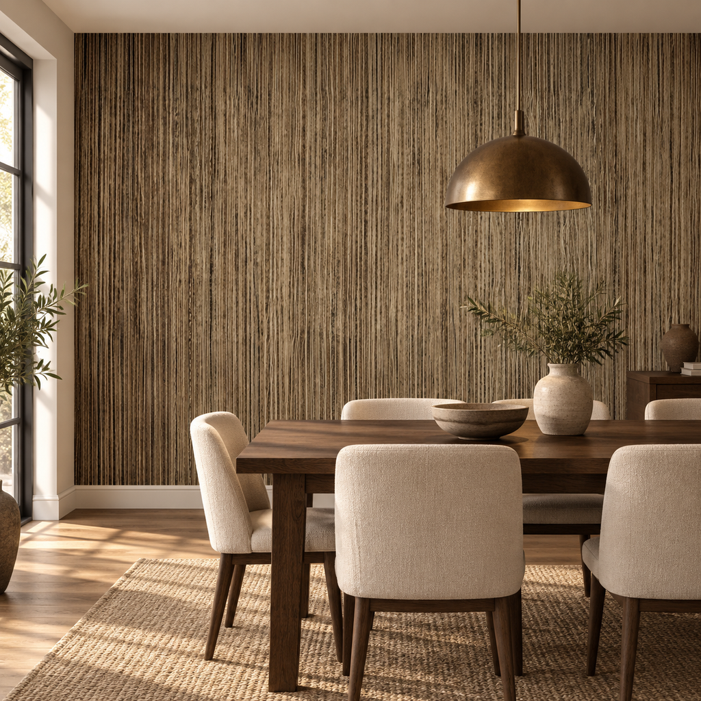 Rustic Bronze, peel and stick wallpaper styled on a feature wall
