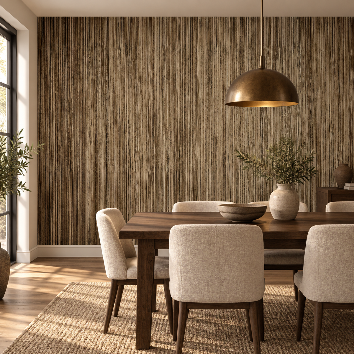 Rustic Bronze, peel and stick wallpaper styled on a feature wall