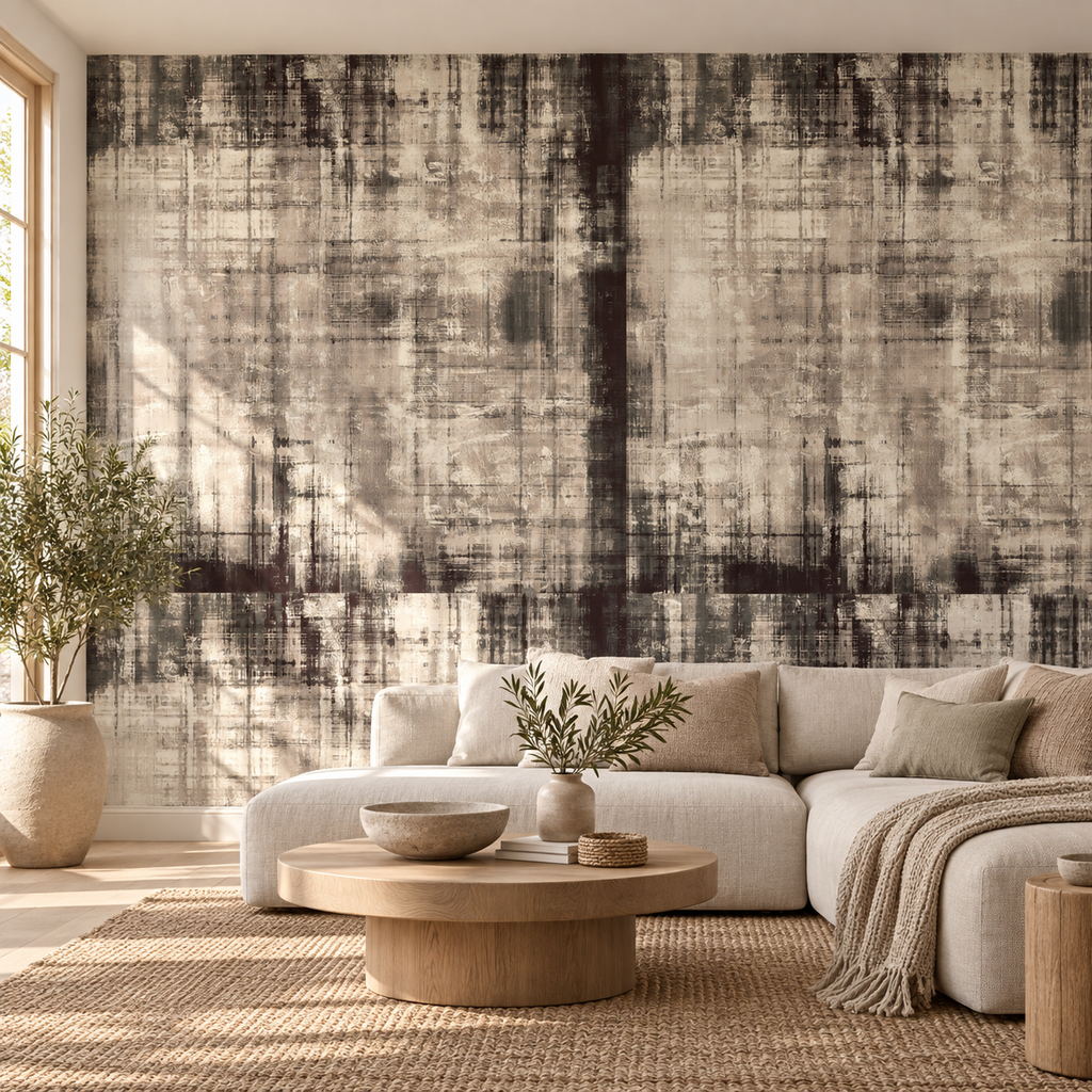 Rustic Layers, peel and stick wallpaper styled on a feature wall