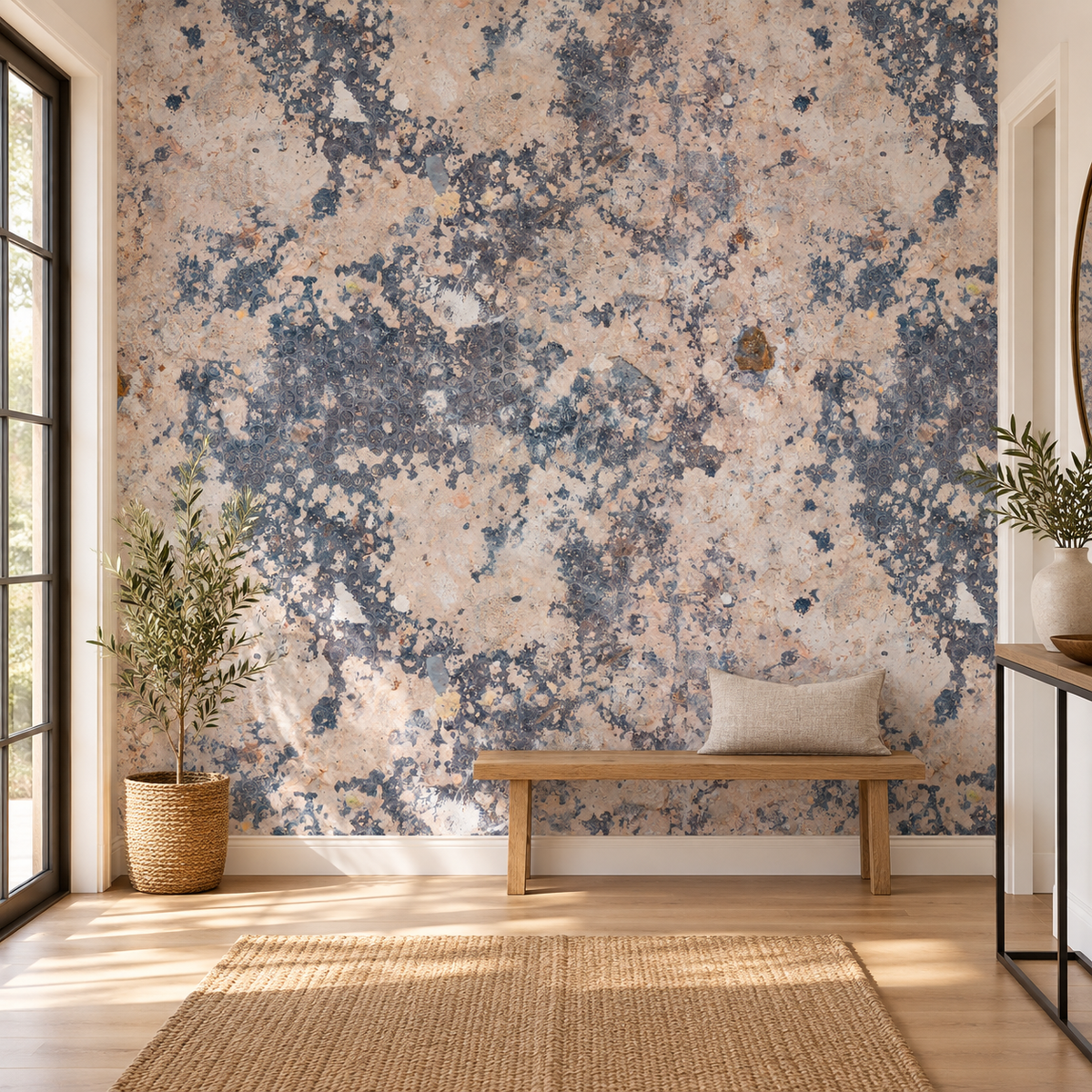 Rustic Patina, peel and stick wallpaper styled on a feature wall