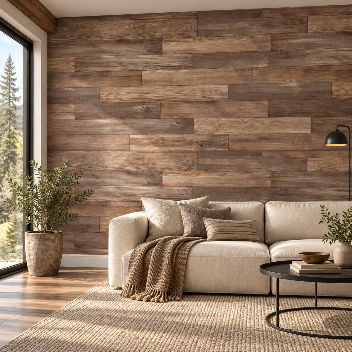Stacked Timber, peel and stick wallpaper styled on a feature wall