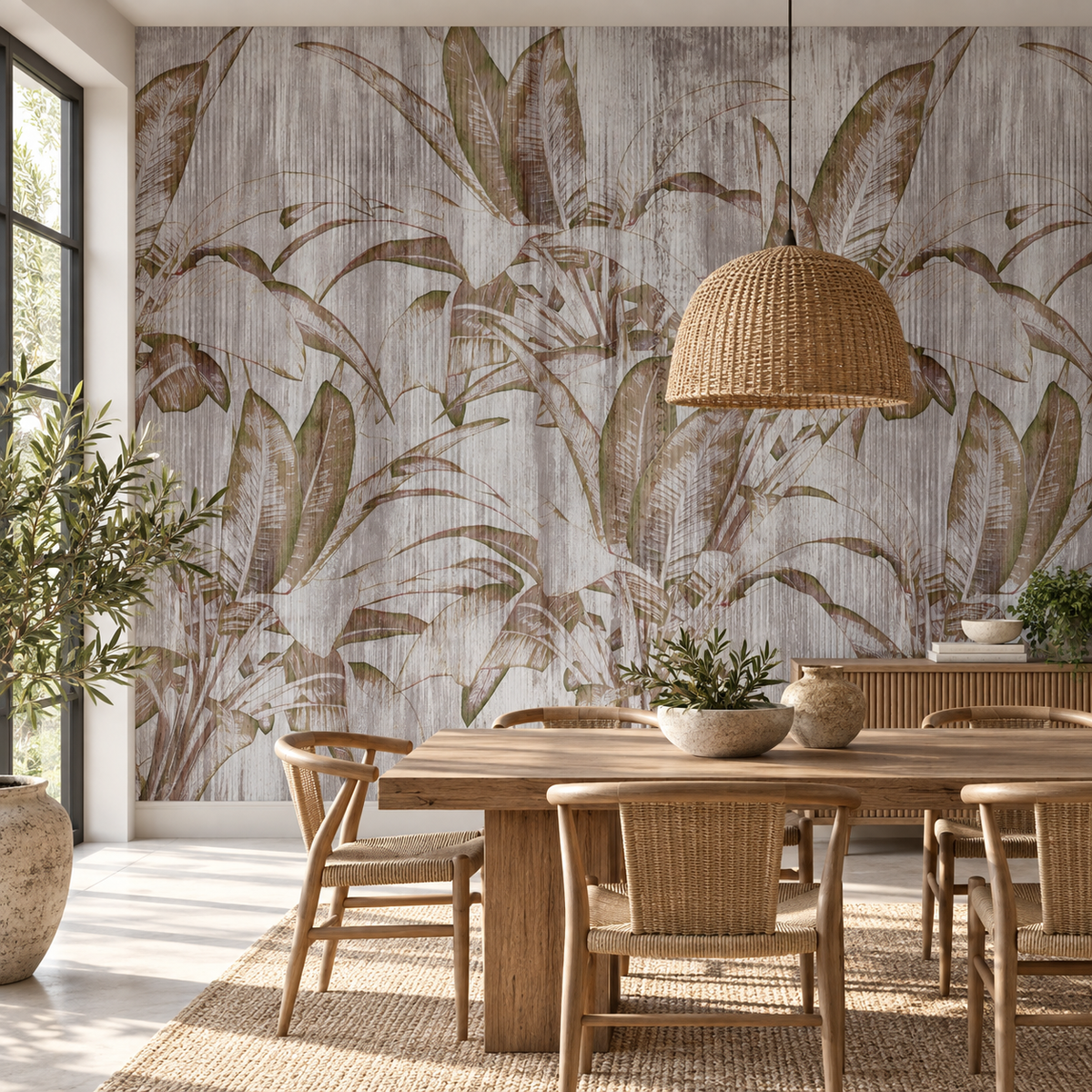 Rustic Tropics, peel and stick wallpaper styled on a feature wall