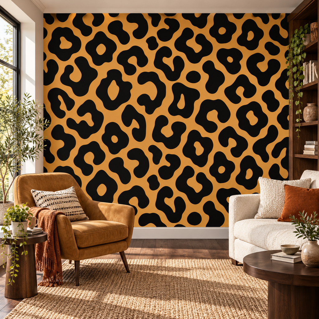 Safari Spots, peel and stick wallpaper styled on a feature wall