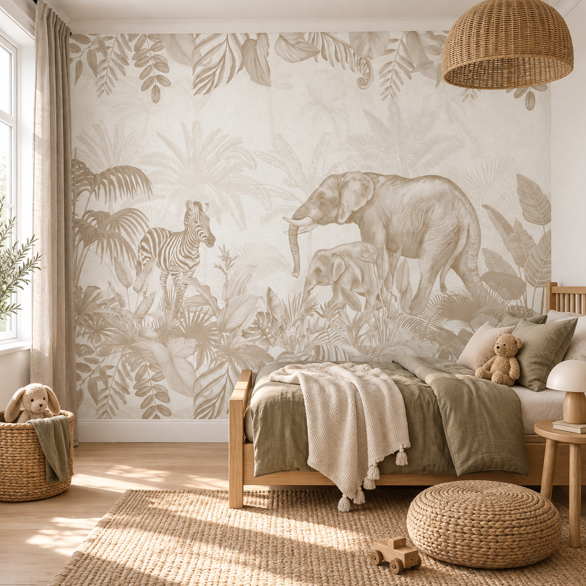 Safari Toile, peel and stick wallpaper styled on a feature wall