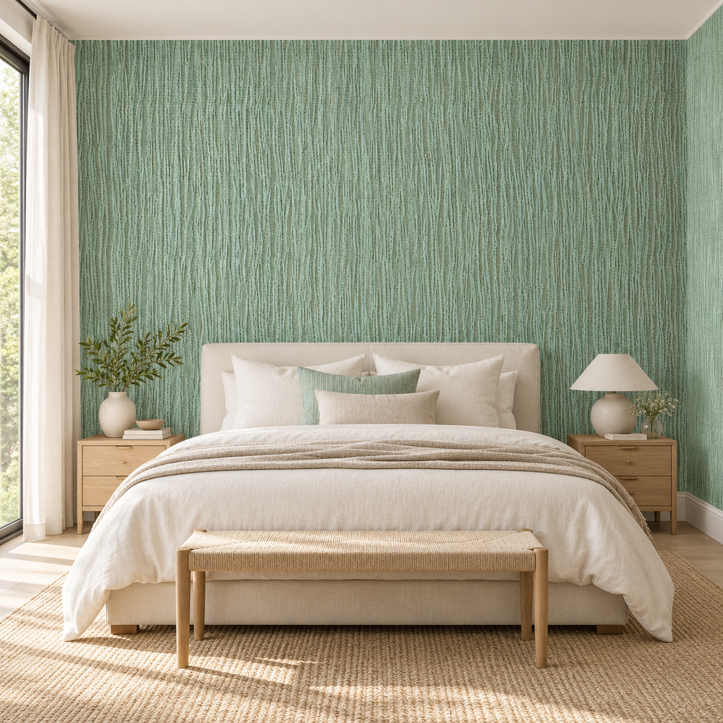 Sage Crinkle, peel and stick wallpaper styled on a feature wall
