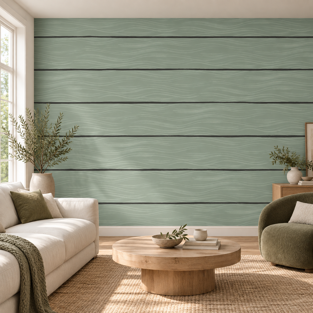 Sage Currents, peel and stick wallpaper styled on a feature wall