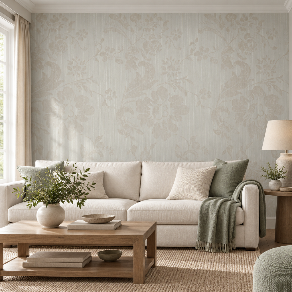 Sage Damask, peel and stick wallpaper styled on a feature wall