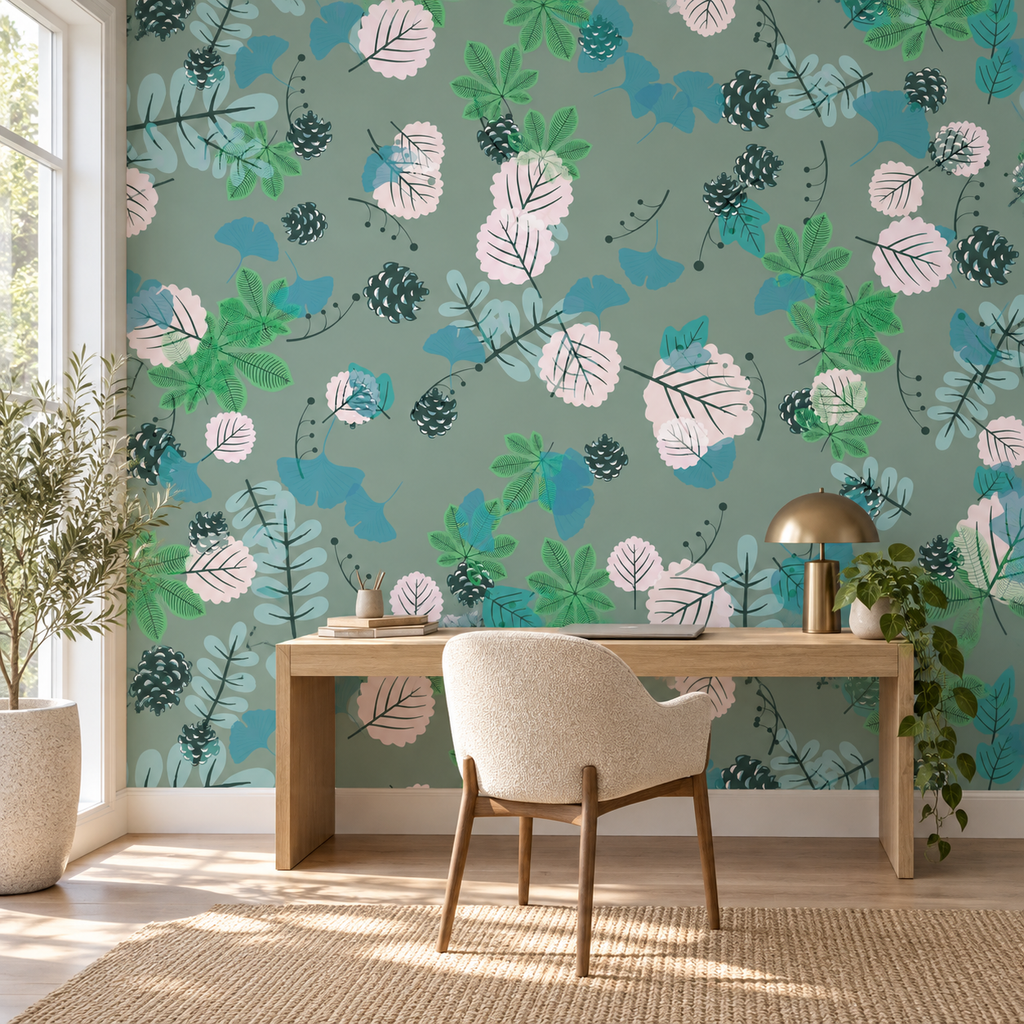 Sage Grove, peel and stick wallpaper styled on a feature wall