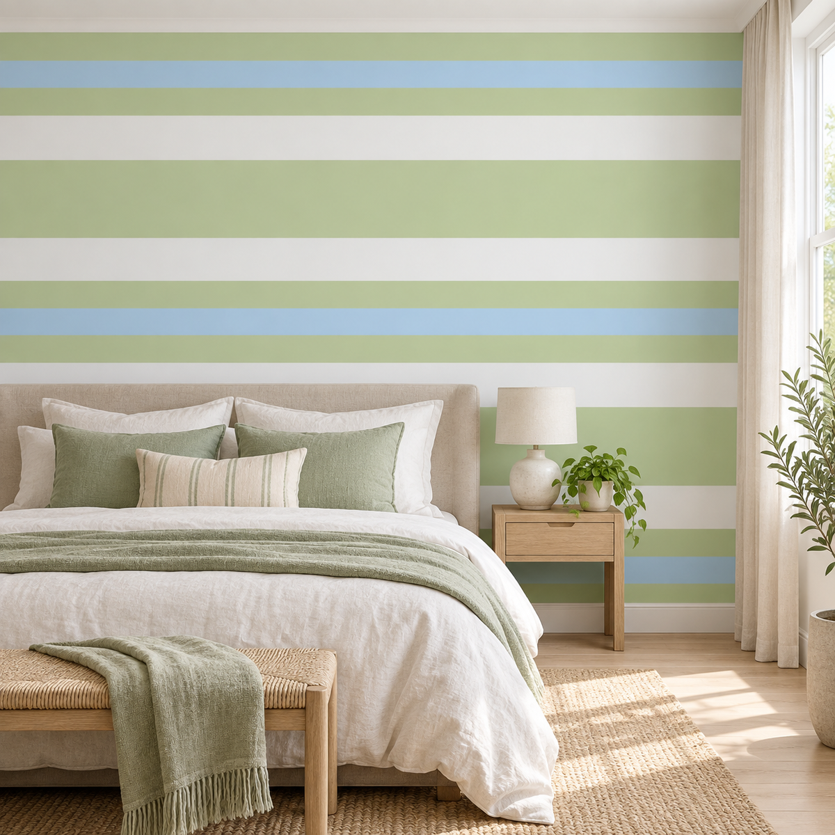 Sage Horizon, peel and stick wallpaper styled on a feature wall