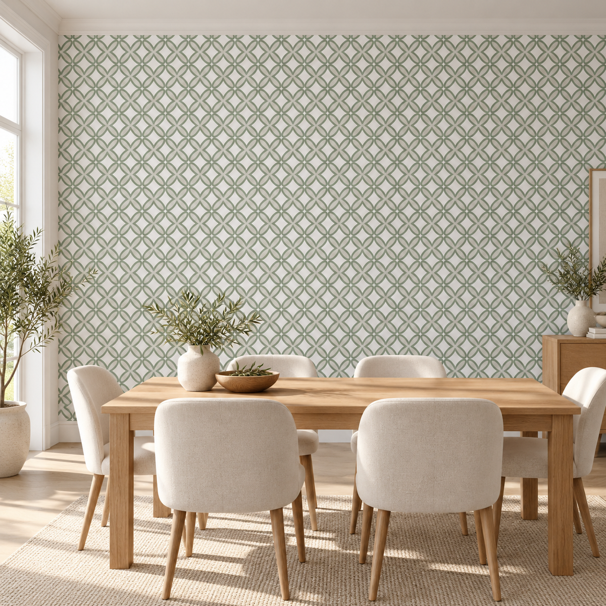 Sage Interlace, peel and stick wallpaper styled on a feature wall