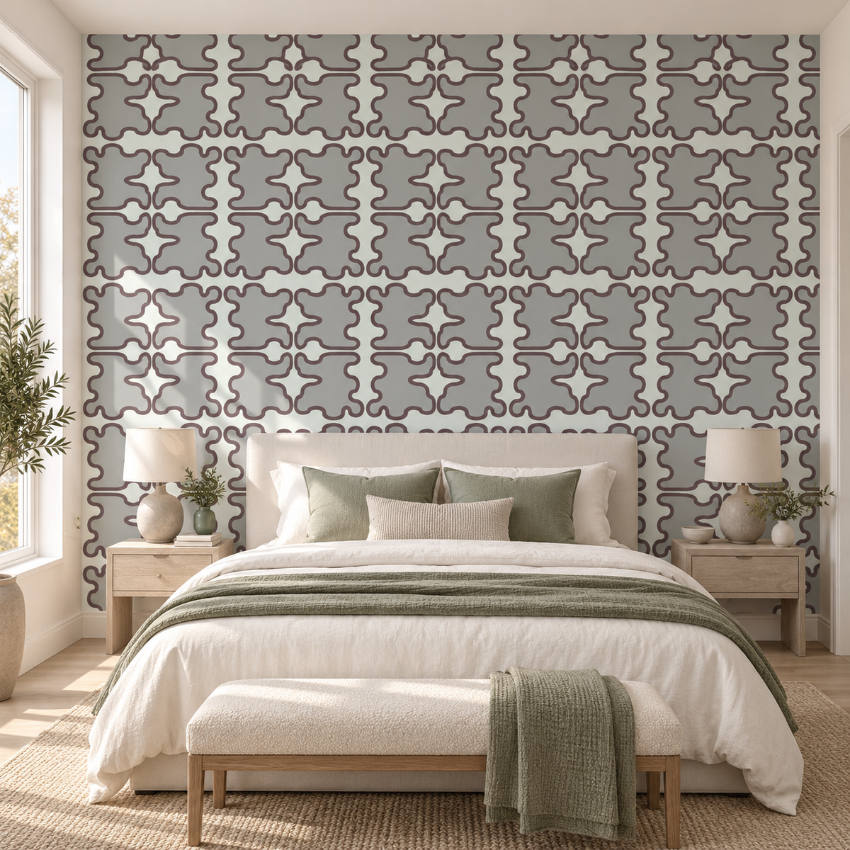 Sage Lattice, peel and stick wallpaper styled on a feature wall