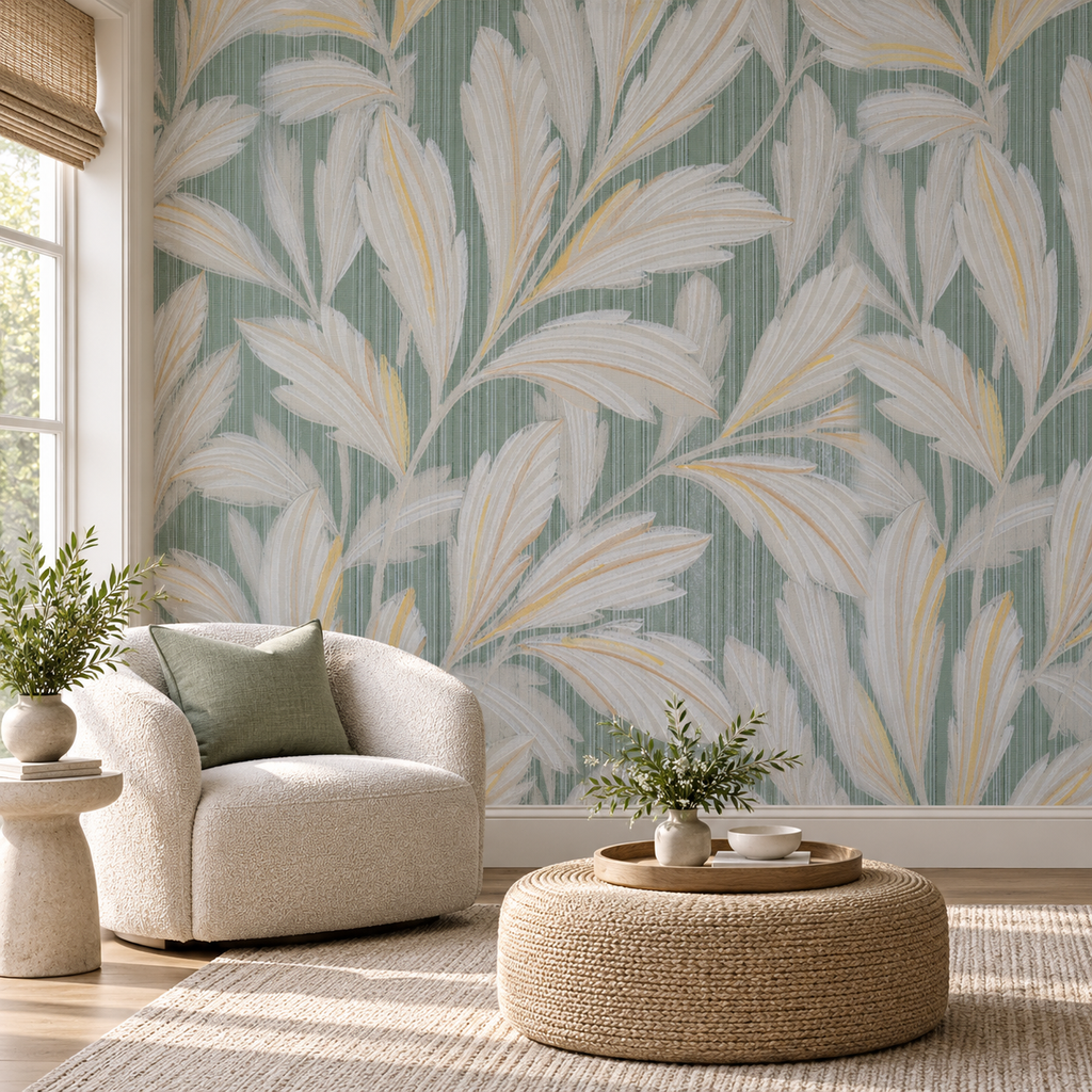 Sage Leaf, peel and stick wallpaper styled on a feature wall