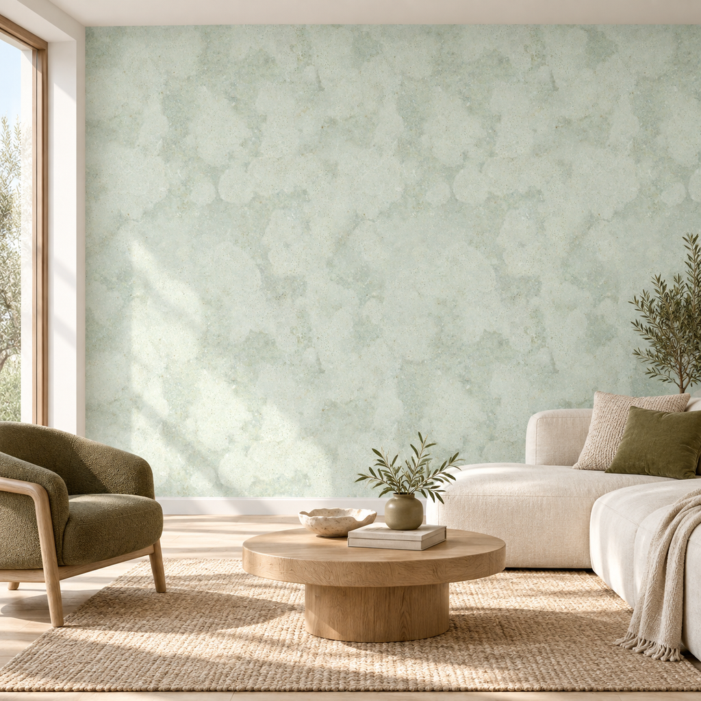 Sage Veil, peel and stick wallpaper styled on a feature wall
