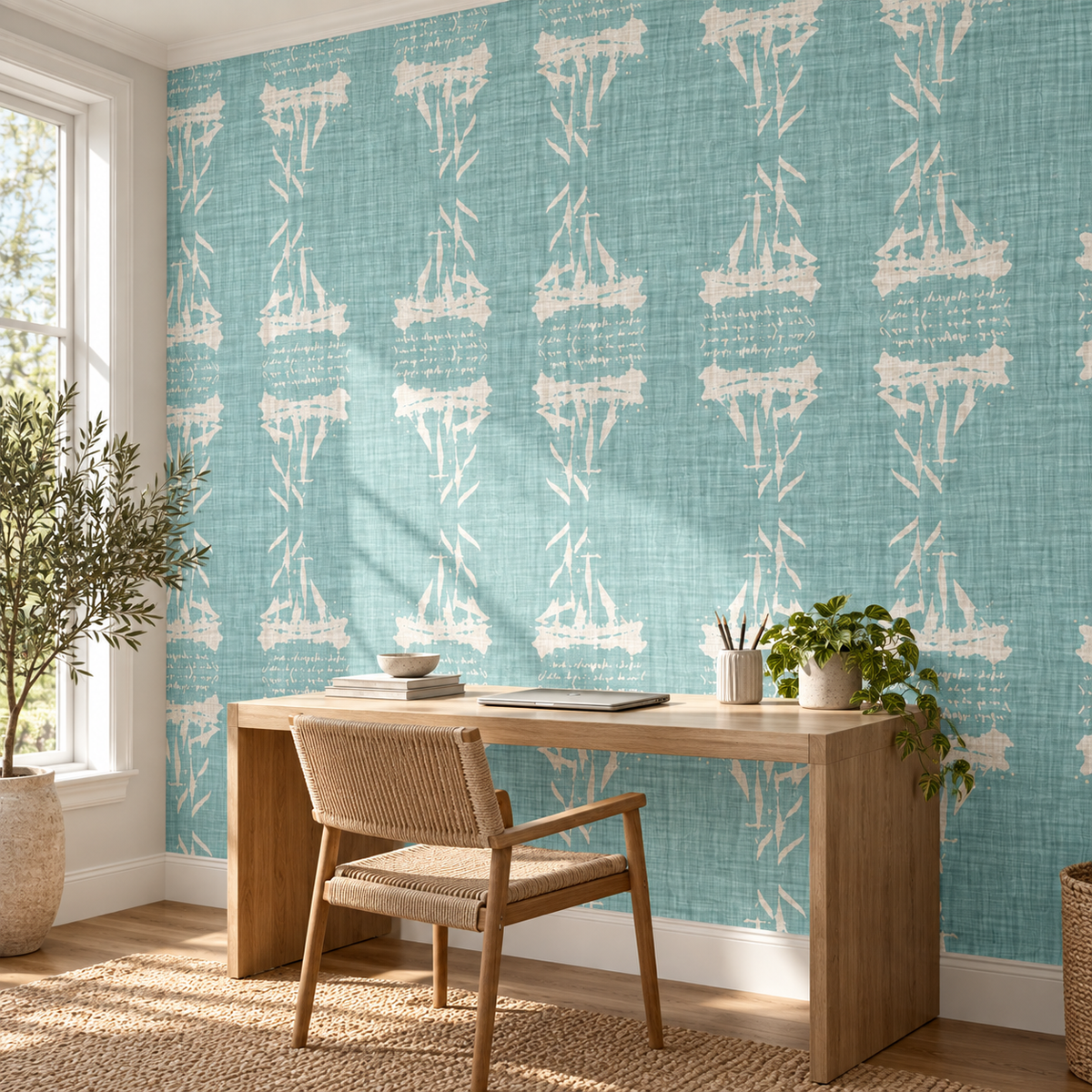 Sail Echo, peel and stick wallpaper styled on a feature wall