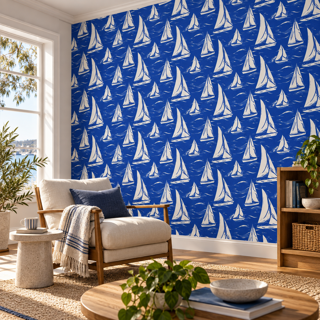 Sailing Pattern, peel and stick wallpaper styled on a feature wall