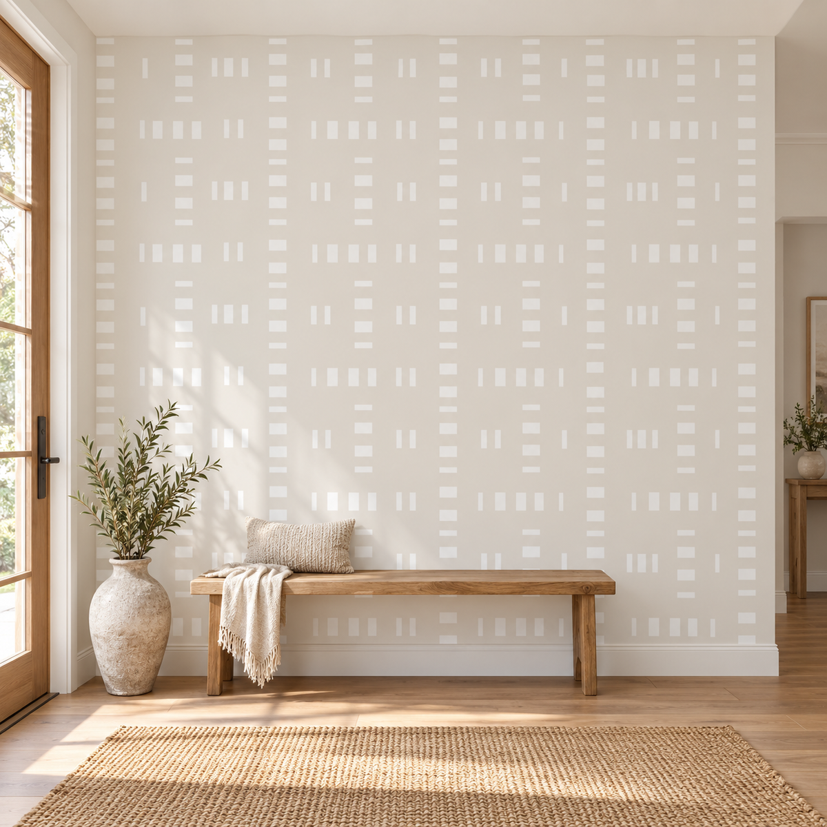 Sand Blocks, peel and stick wallpaper styled on a feature wall