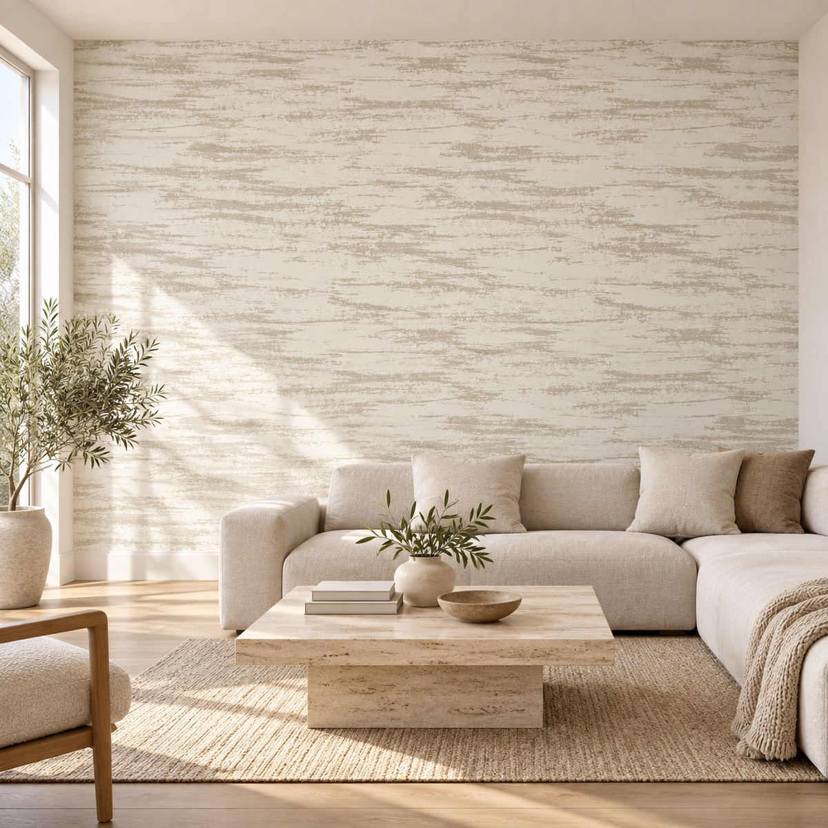 Pale Brushstroke, peel and stick wallpaper styled on a feature wall
