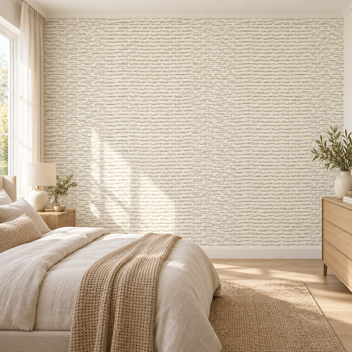 Sand Drift, peel and stick wallpaper styled on a feature wall