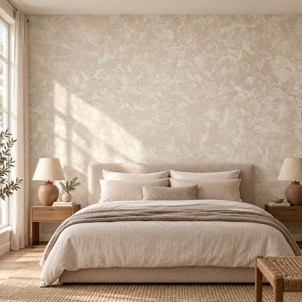 Sand Plaster, peel and stick wallpaper styled on a feature wall