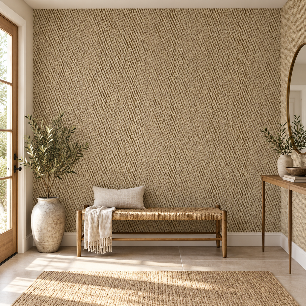 Sand Texture, peel and stick wallpaper styled on a feature wall