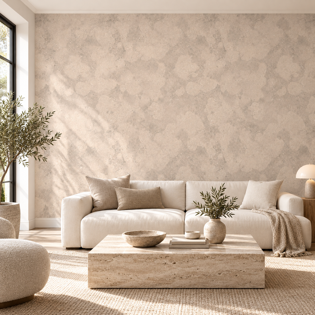 Sandstone Calm, peel and stick wallpaper styled on a feature wall