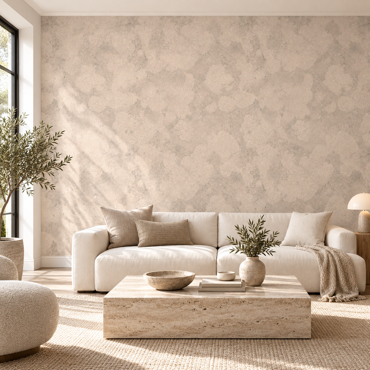 Sandstone Calm, peel and stick wallpaper styled on a feature wall
