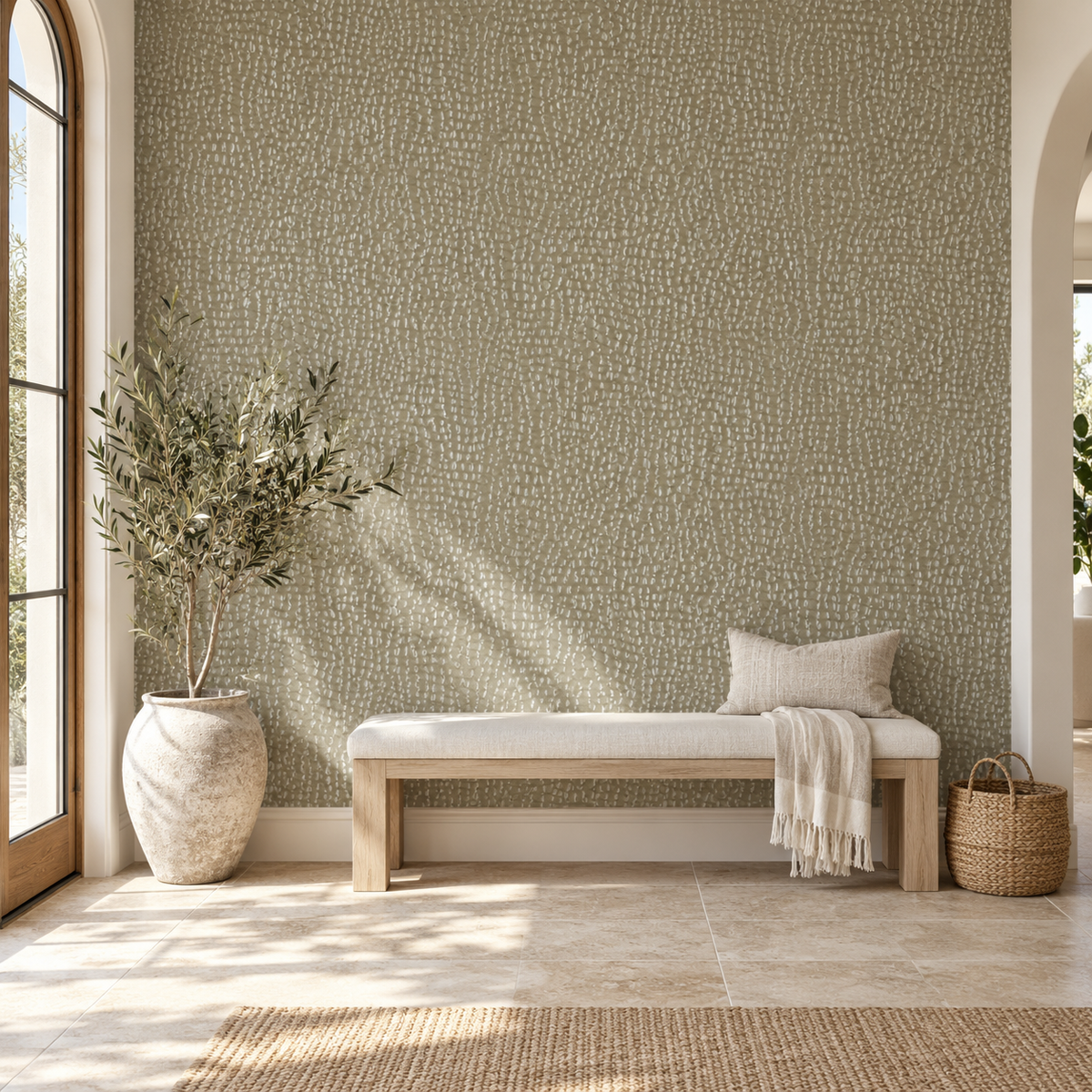 Sandstone Pebble, peel and stick wallpaper styled on a feature wall