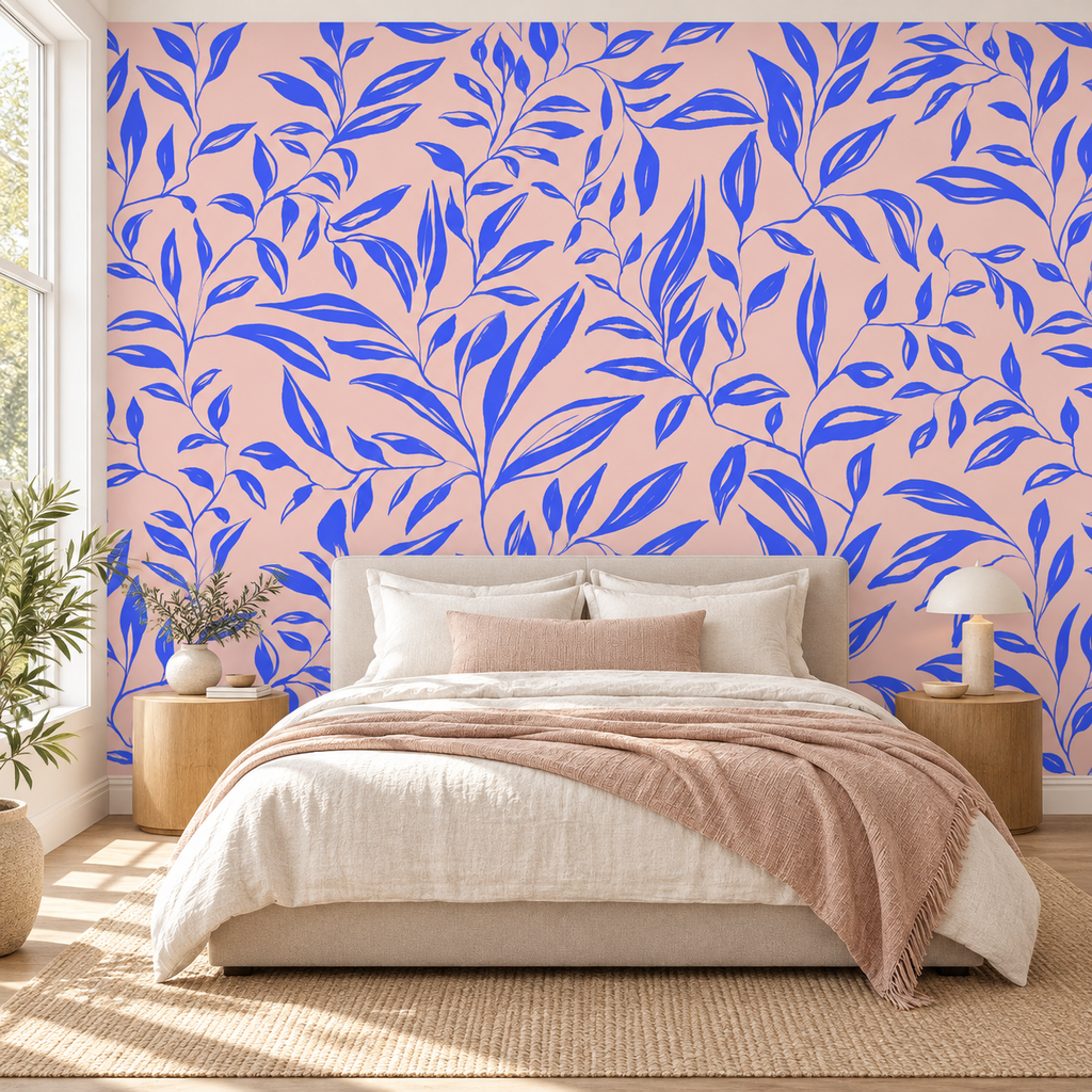 Sapphire Leaves, peel and stick wallpaper styled on a feature wall