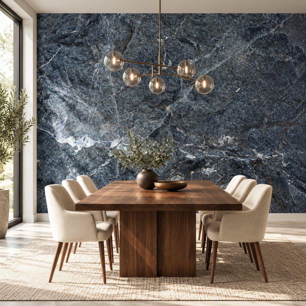 Sapphire Marble, peel and stick wallpaper styled on a feature wall