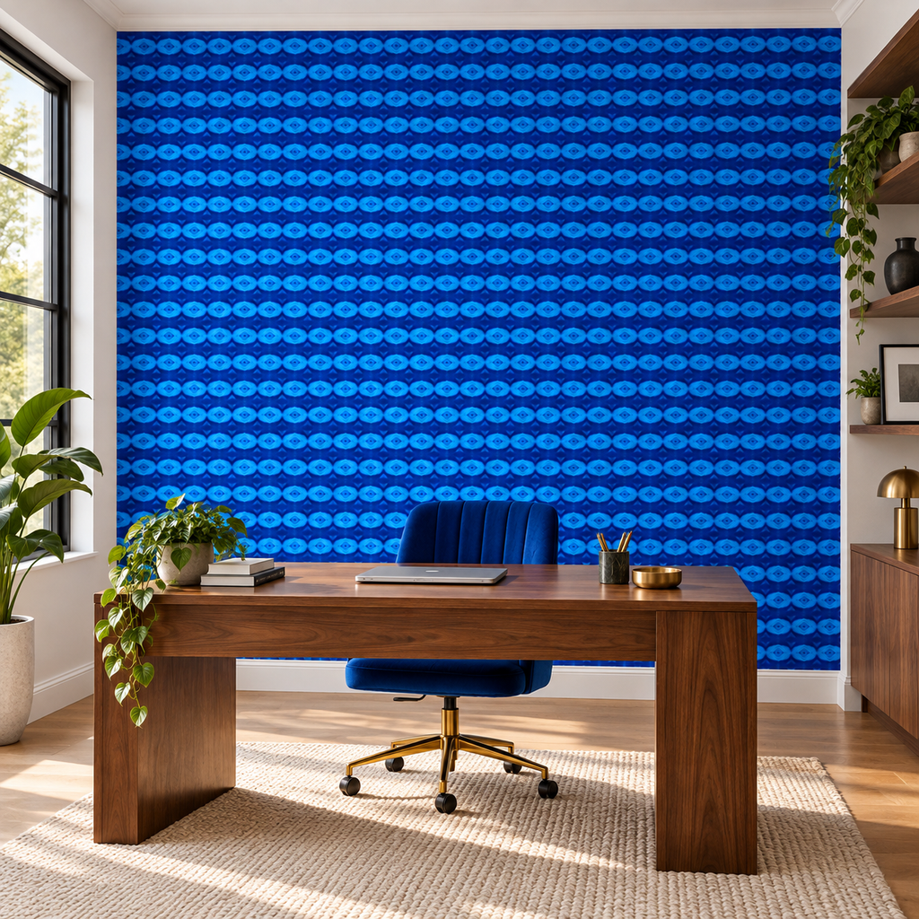 Sapphire Pulse, peel and stick wallpaper styled on a feature wall