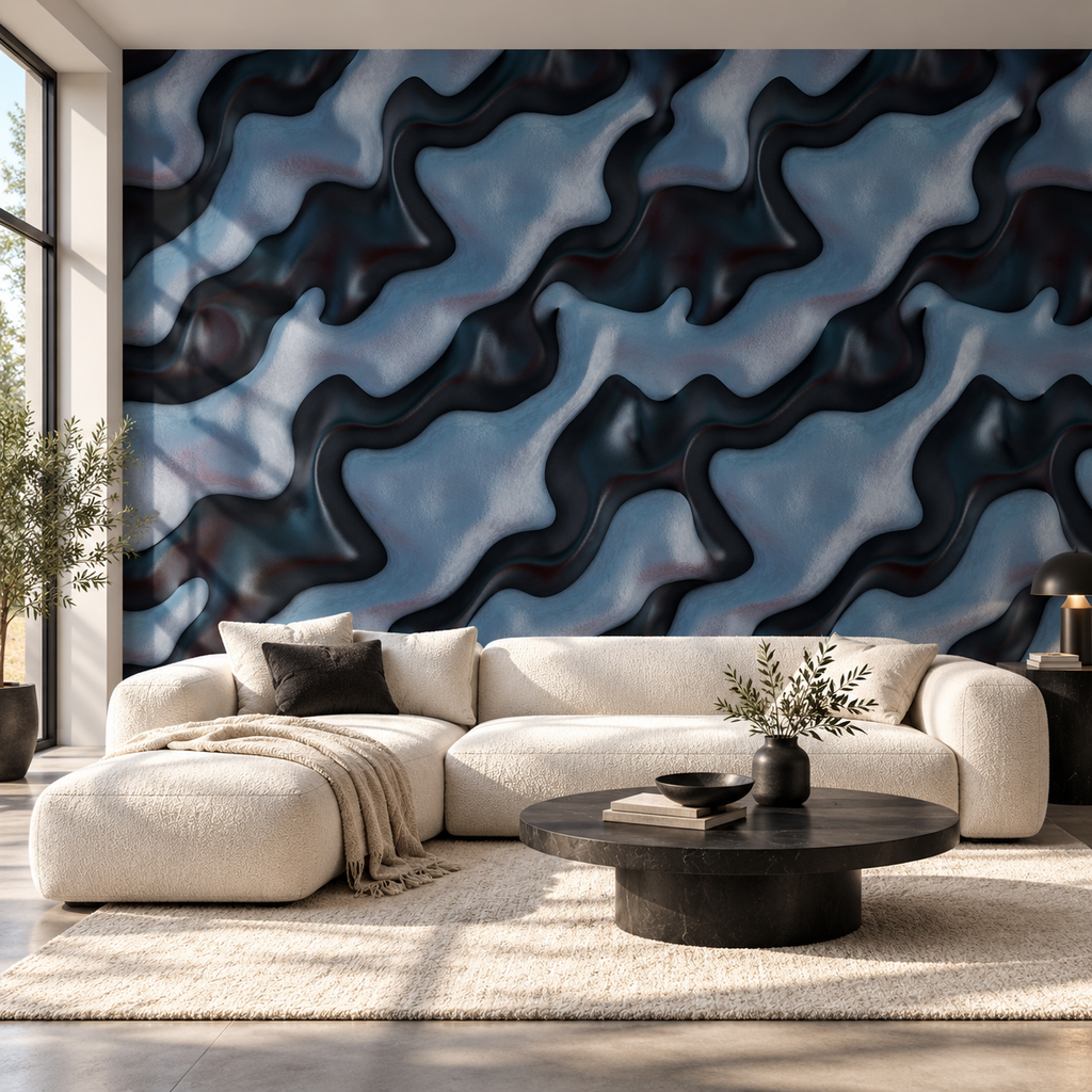 Sapphire Swirl, peel and stick wallpaper styled on a feature wall