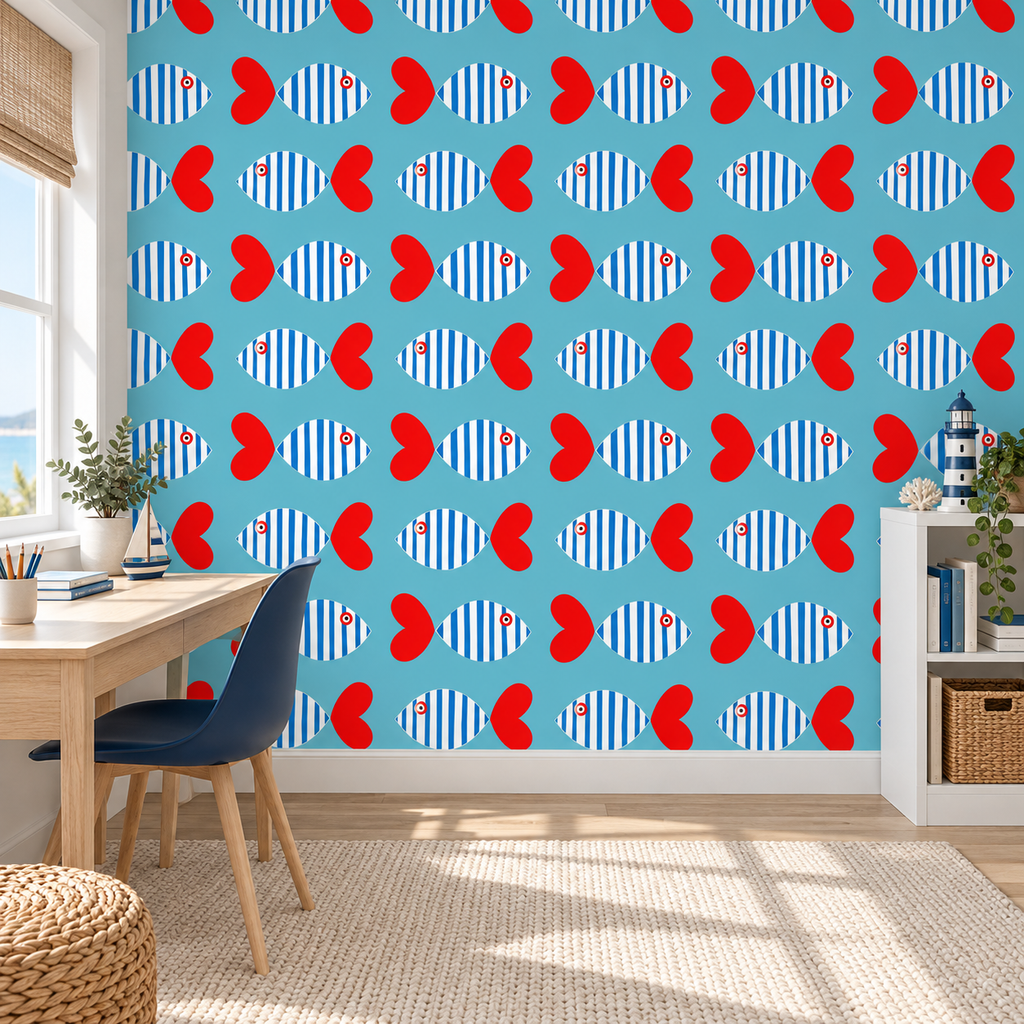 Sardine Stripe peel and stick wallpaper styled on a feature wall
