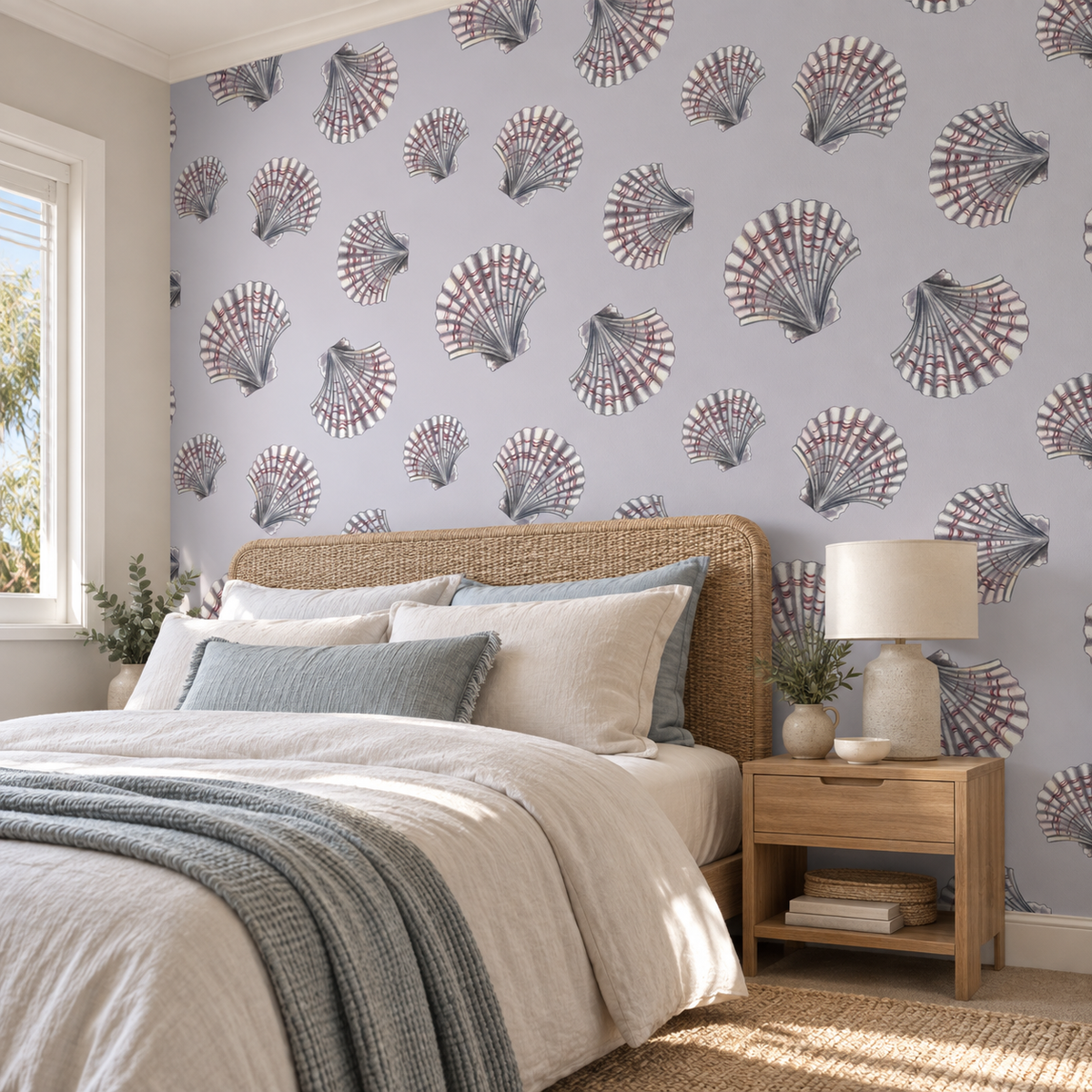 Scallop Drift, peel and stick wallpaper styled on a feature wall