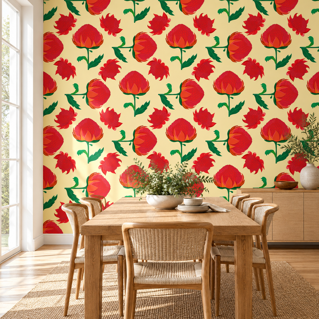 Scarlet Protea, peel and stick wallpaper styled on a feature wall