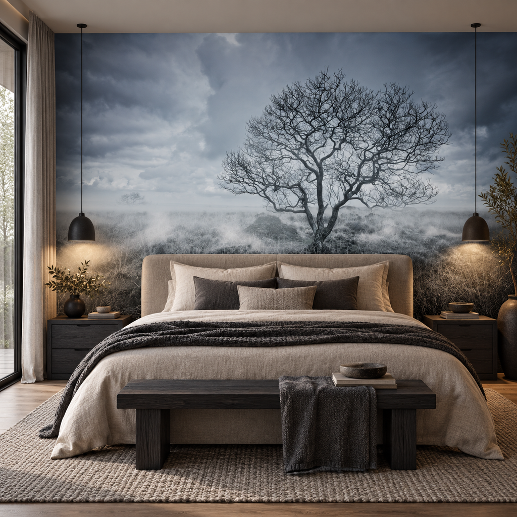 Silent Moor peel and stick wallpaper mural styled on a feature wall