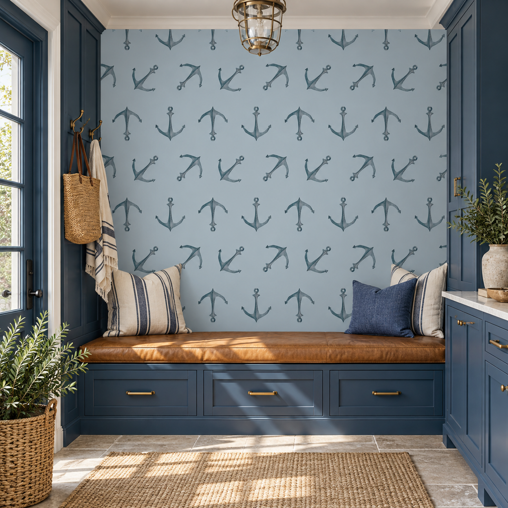 Anchor Repeat peel and stick wallpaper styled on a feature wall