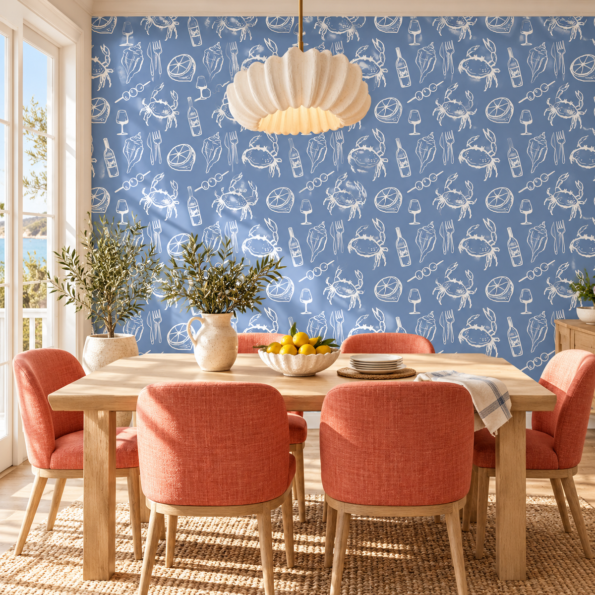 Coastal Feast peel and stick wallpaper styled on a feature wall