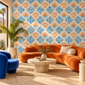 Coastal Sunrise peel and stick wallpaper styled on a feature wall