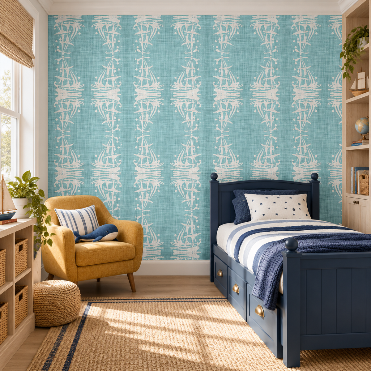 Coastal Voyage peel and stick wallpaper styled on a feature wall