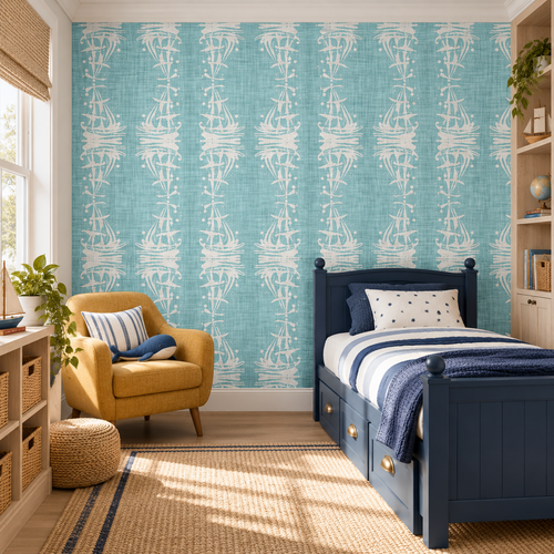 Coastal Voyage peel and stick wallpaper styled on a feature wall