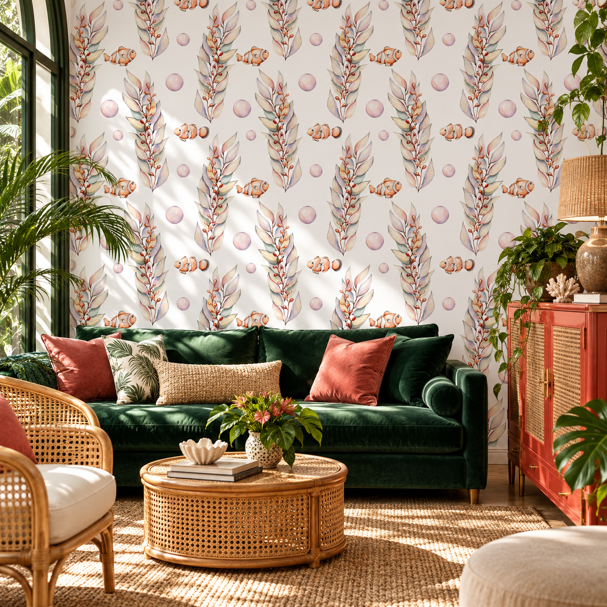 Coral Kelp peel and stick wallpaper styled on a feature wall