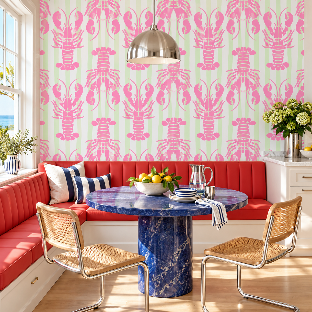Coral Lobsters peel and stick wallpaper styled on a feature wall