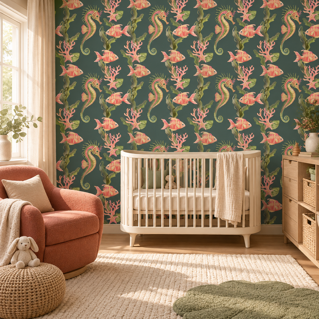 Coral Seahorse peel and stick wallpaper styled on a feature wall