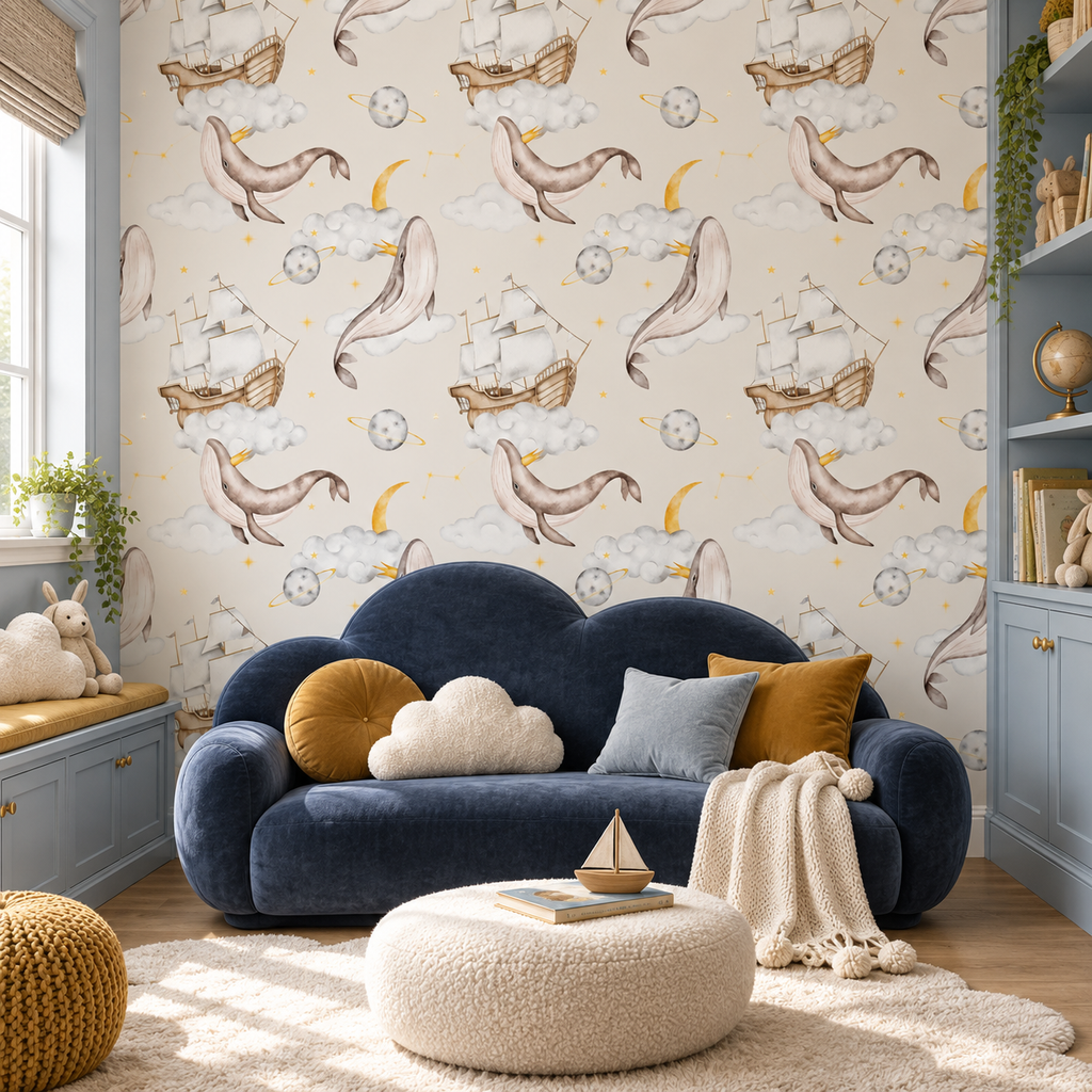 Dream Whales peel and stick wallpaper styled on a feature wall