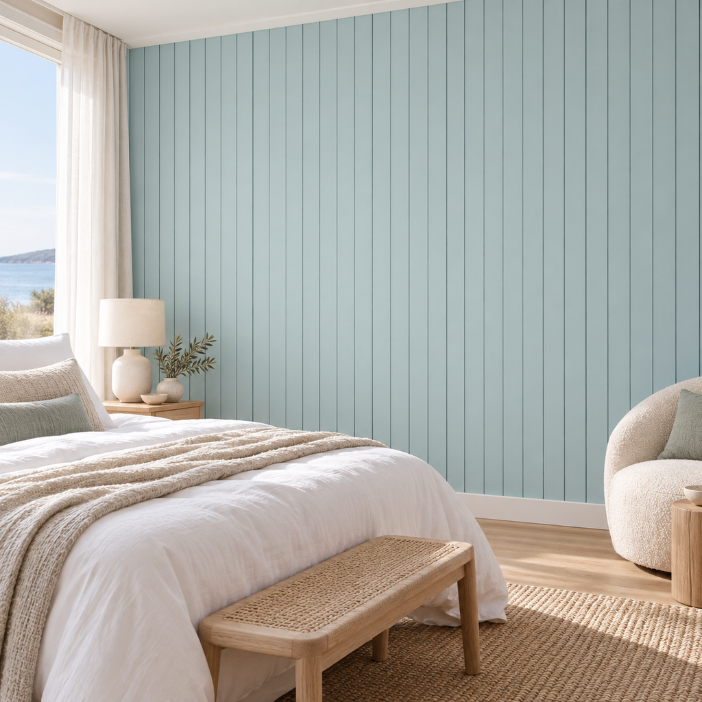 Seafoam Panels, peel and stick wallpaper styled on a feature wall