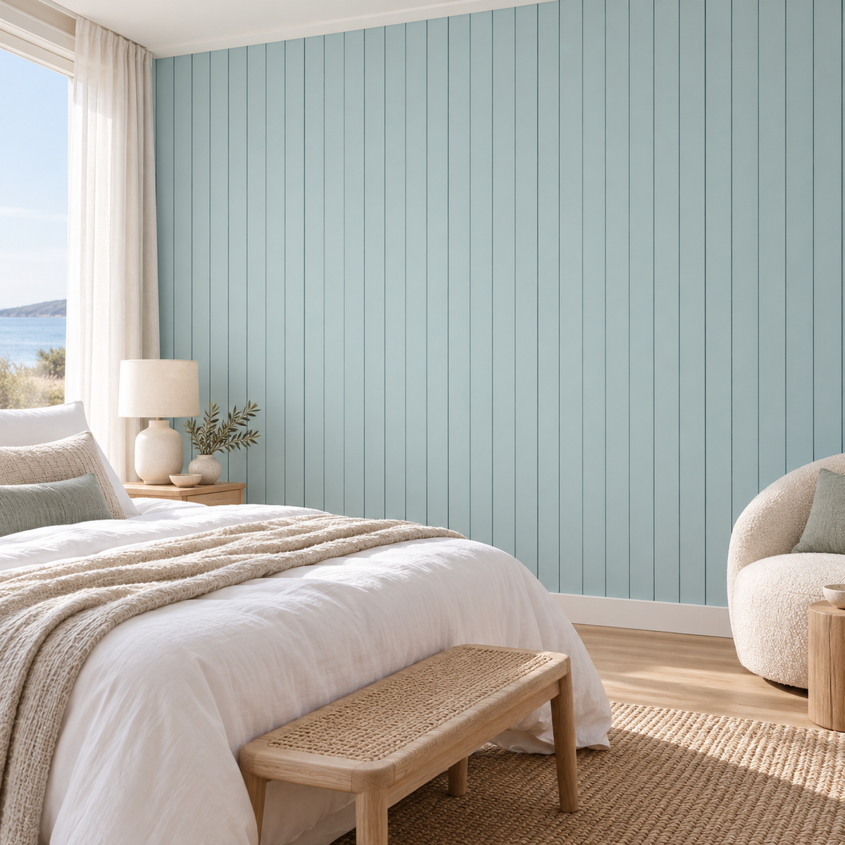 Seafoam Panels, peel and stick wallpaper styled on a feature wall