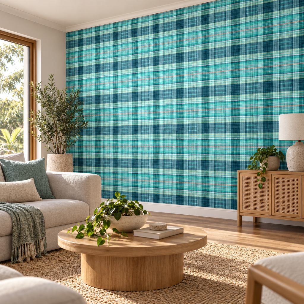 Seafoam Plaid, peel and stick wallpaper styled on a feature wall