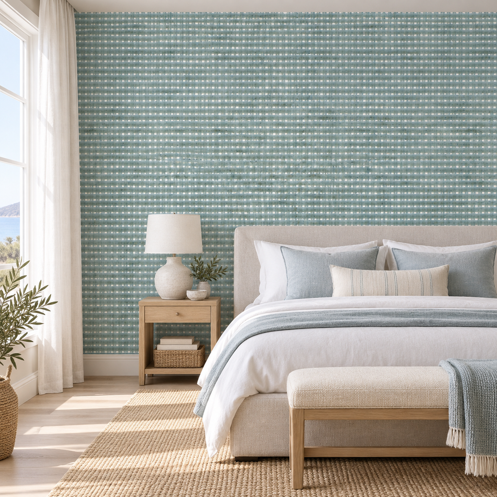 Seafoam Weave, peel and stick wallpaper styled on a feature wall