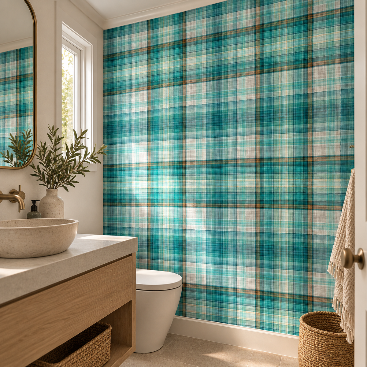 Seaside Checks, peel and stick wallpaper styled on a feature wall