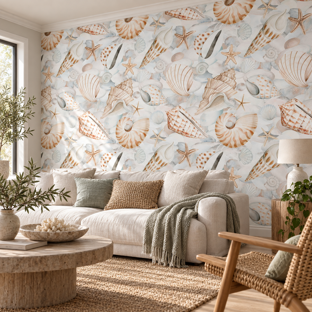 Seaside Collection, peel and stick wallpaper styled on a feature wall